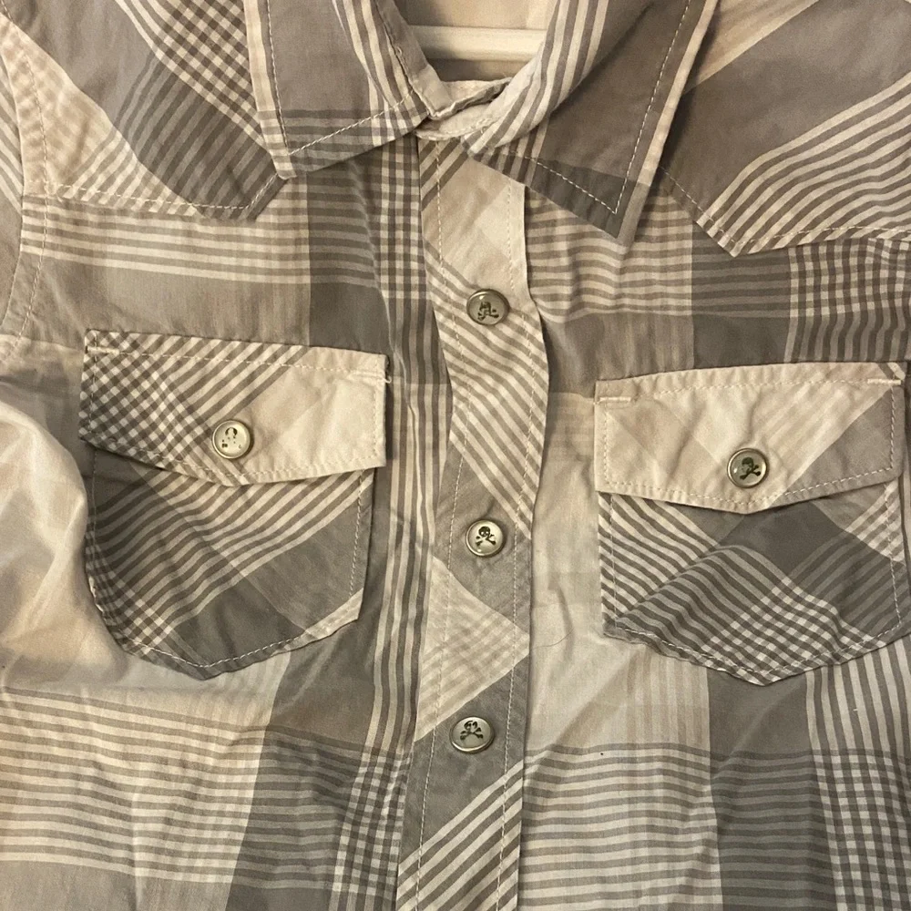 Old Navy Gray and White Plaid Snap-Front Shirt size small